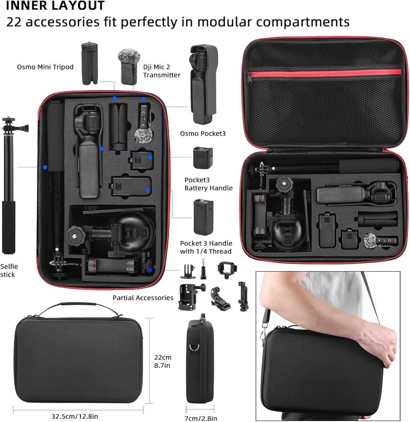 BRDRC 22 in 1 Pocket 3 Accessories Kit, Including Hard Case, Suction Car Mount, Tripod, Magnetic, Desktop Base, Selfie Stick, Chest Head Strap, Pocket 3 Phone Holder, Screen Protector, Backpack Clip - Image 2